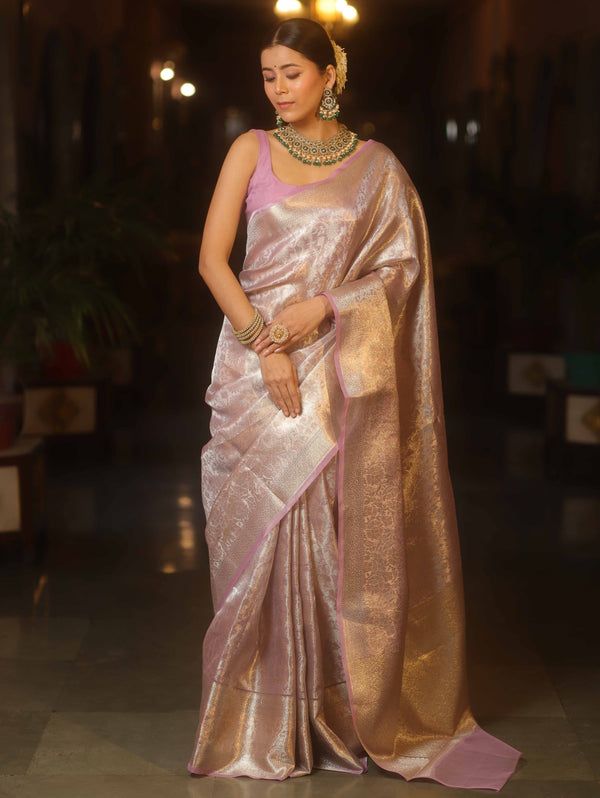 Banarasee Handwoven Sliver Zari Jaal Design Tissue Saree-Lavender