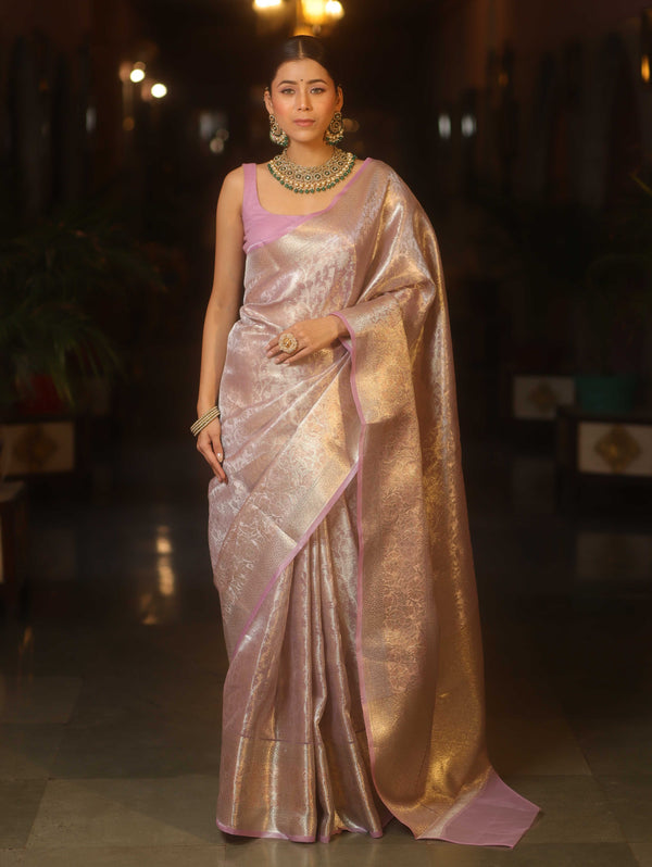 Banarasee Handwoven Sliver Zari Jaal Design Tissue Saree-Lavender