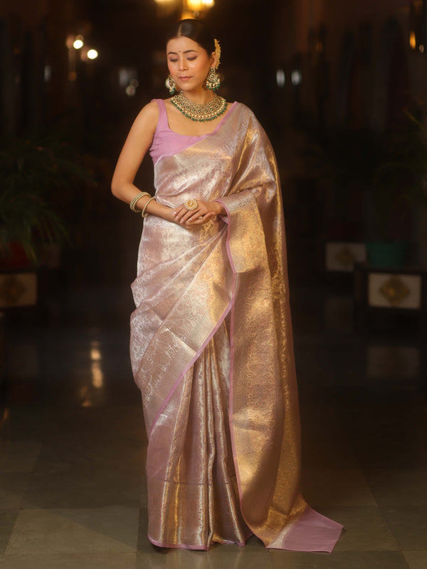 Banarasee Handwoven Sliver Zari Jaal Design Tissue Saree-Lavender