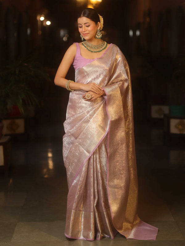 Banarasee Handwoven Sliver Zari Jaal Design Tissue Saree-Lavender