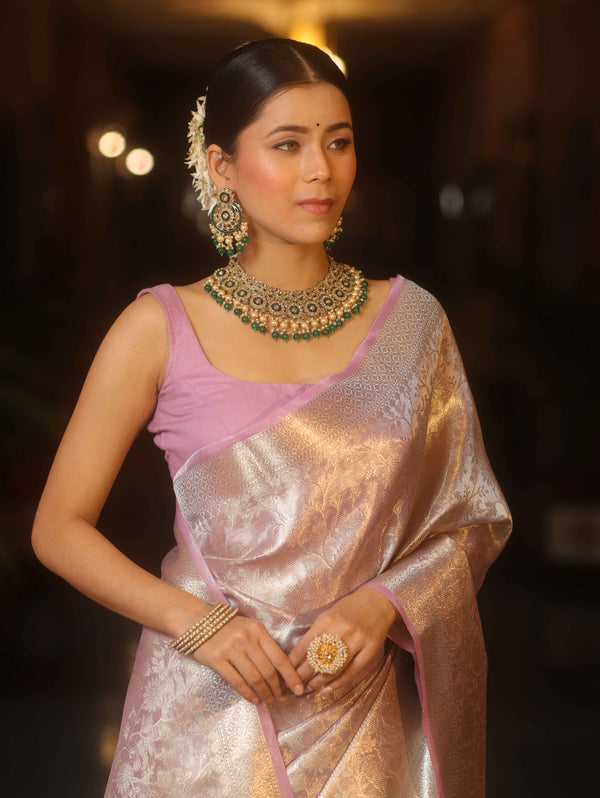 Banarasee Handwoven Sliver Zari Jaal Design Tissue Saree-Lavender