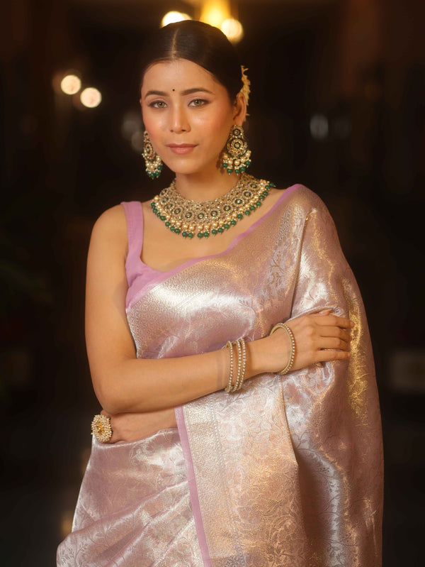 Banarasee Handwoven Sliver Zari Jaal Design Tissue Saree-Lavender