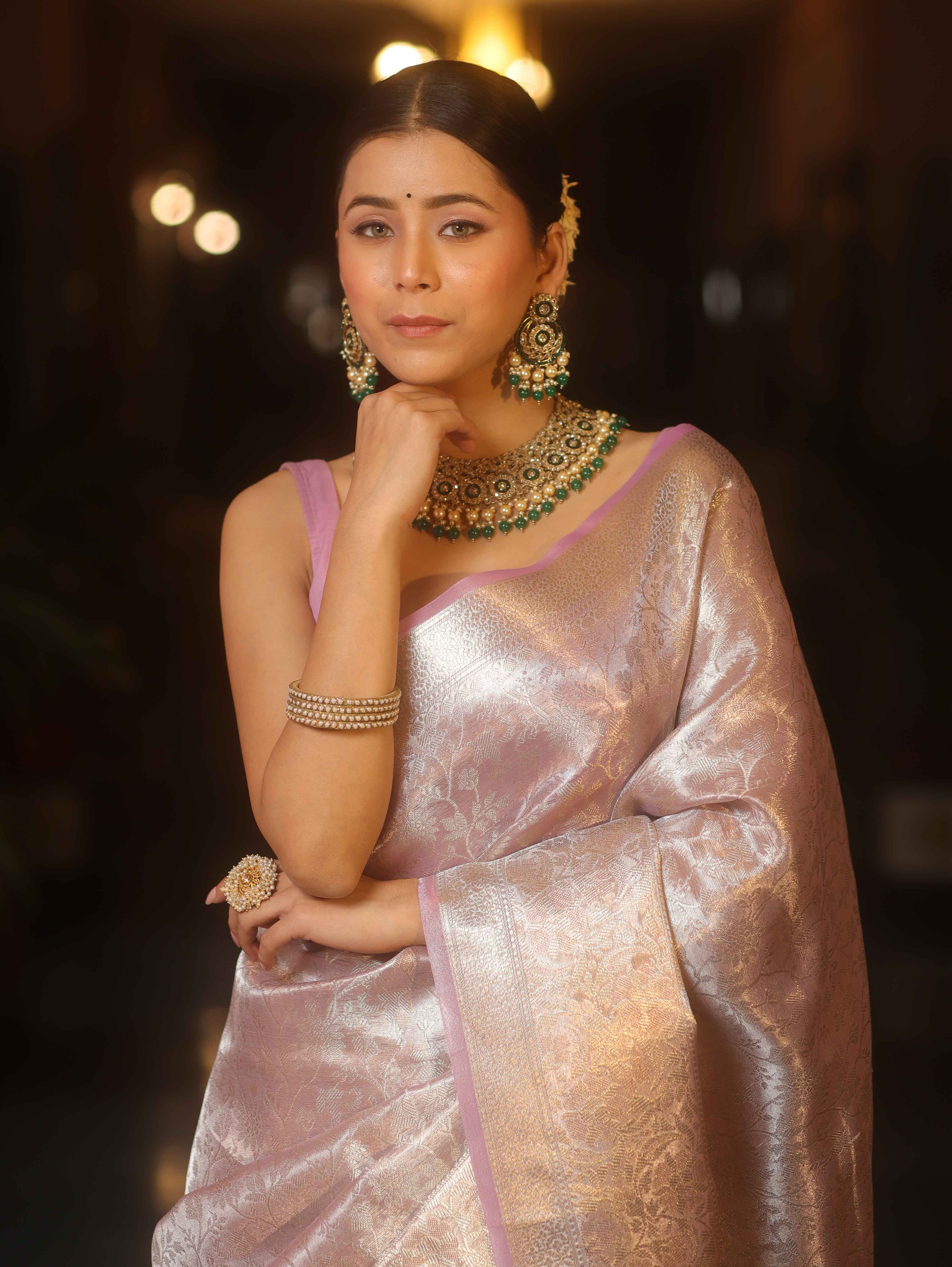 Banarasee Handwoven Sliver Zari Jaal Design Tissue Saree-Lavender