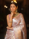 Banarasee Handwoven Sliver Zari Jaal Design Tissue Saree-Lavender
