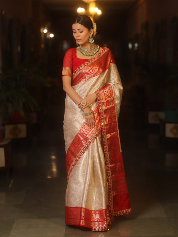 Banarasee Handwoven Tissue Zari Saree With Contrast Broder & Lace-White & Red