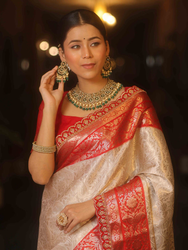 Banarasee Handwoven Tissue Zari Saree With Contrast Broder & Lace-White & Red