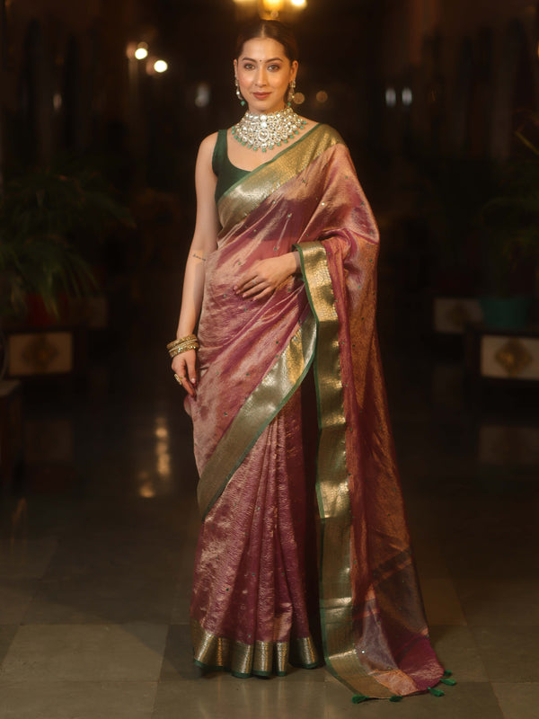 Banarasee Handwoven Mirror Work Crushed Tissue Saree With Contrast Border-Purple & Green