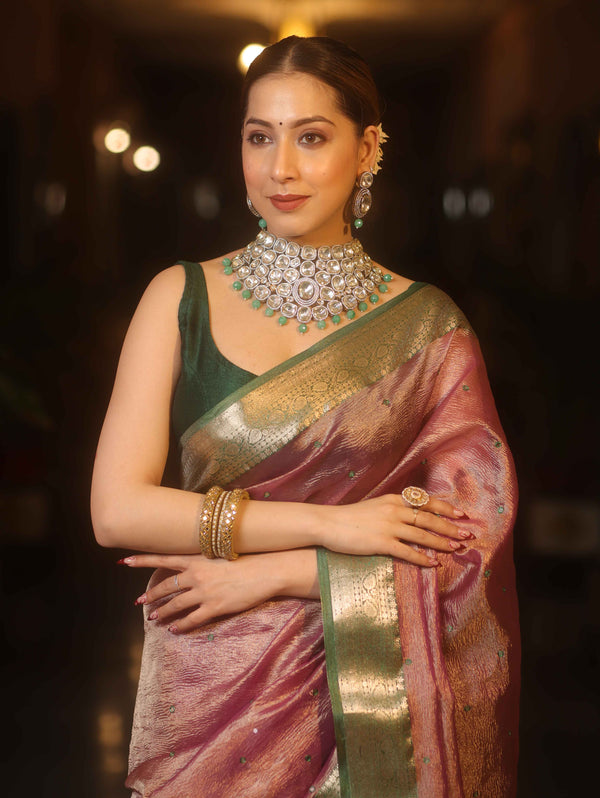 Banarasee Handwoven Mirror Work Crushed Tissue Saree With Contrast Border-Purple & Green