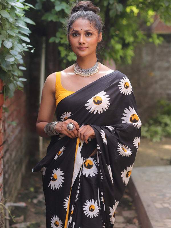 Handloom Mul Cotton Block Print Saree-Black