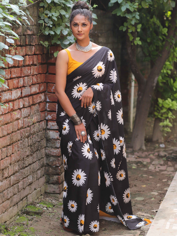 Handloom Mul Cotton Block Print Saree-Black