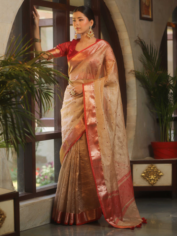 Banarasee Handwoven Mirror Work Crushed Tissue Saree With Contrast Border-Gold & Red