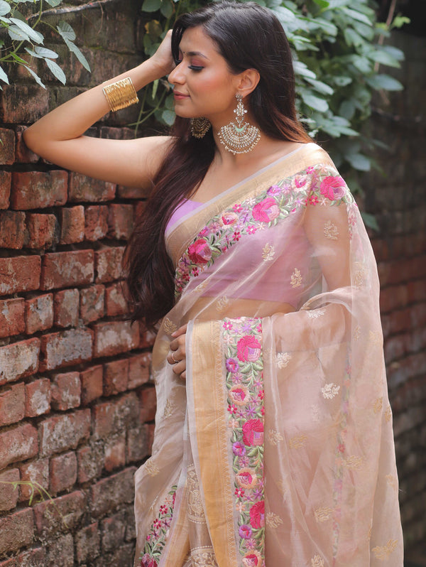 Banarasee Handloom Pure Tissue Silk Embroidered Saree-Gold