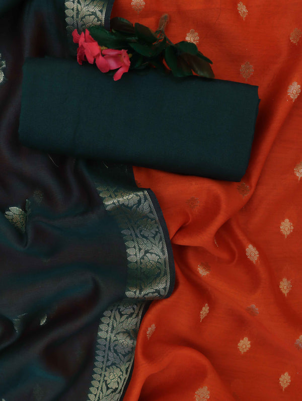 Banarasee Handloom Pure Silk Zari Buti Salwar Kameez Fabric With Dupatta-Rust & Bottle Green