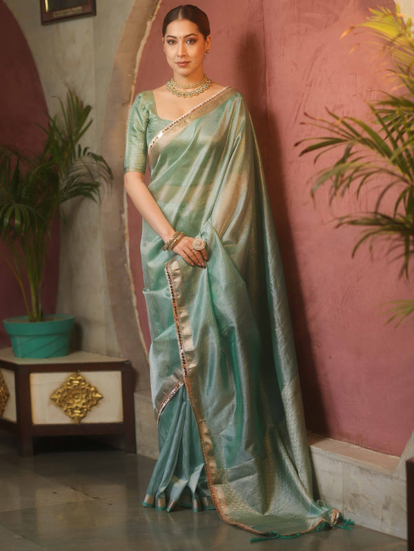 Banarasee Handwoven Plain Tissue Saree With Zari Broder & Lace-Sea Green