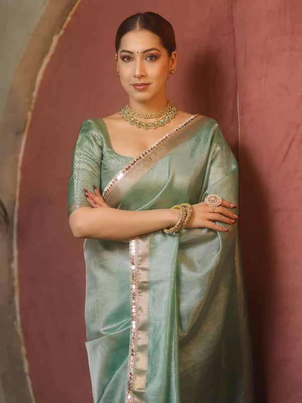 Banarasee Handwoven Plain Tissue Saree With Zari Broder & Lace-Sea Green