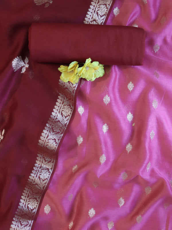 Banarasee Handloom Pure Silk Zari Buti Salwar Kameez Fabric With Dupatta-Onion Pink & Deep Brown