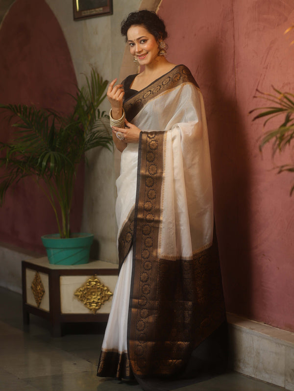 Banarasee Handwoven Semi Silk Plain Saree With Zari Contrast Border-White & Black