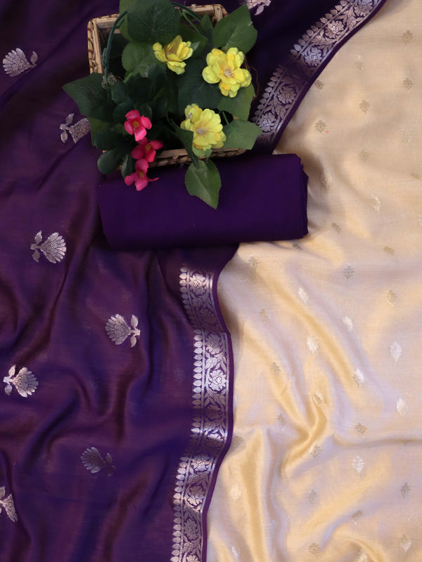 Banarasee Handloom Pure Silk Zari Buti Salwar Kameez Fabric With Dupatta-Beige & Violet