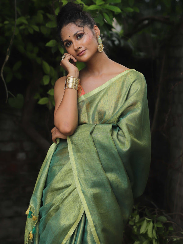 Banarasee Handloom Pure Linen By Tissue Metallic Shine Saree-Green