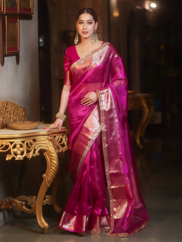 Banarasee Handwoven Plain Tissue Saree With Zari Border & Lace-Pink
