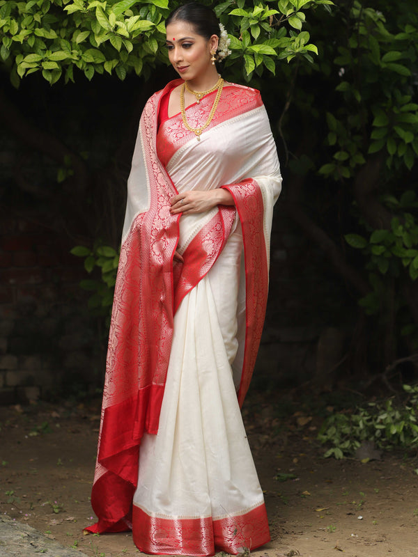 Banarasee Handloom Pure Chiniya Silk Saree With Zari Work & Contrast Border-White & Red