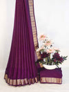 Banarasee Chiffon Floral Print Saree With Gold Zari Border-Purple