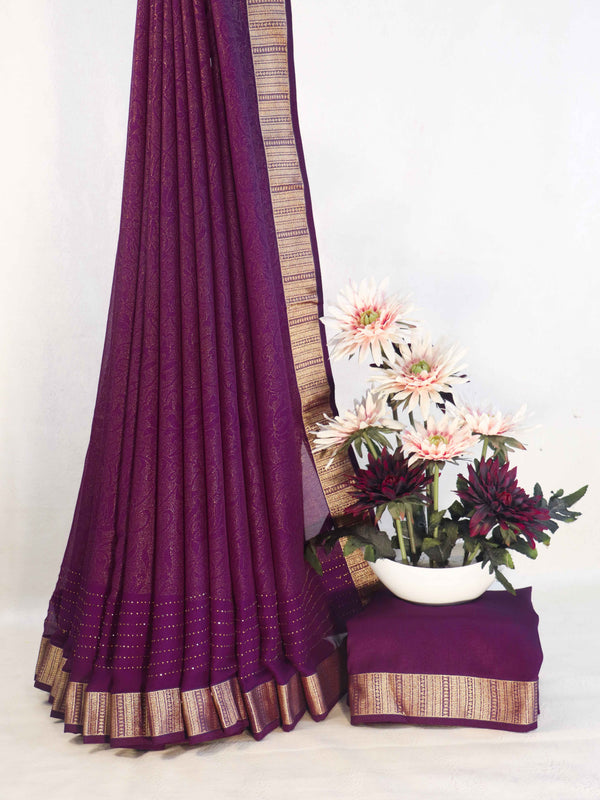 Banarasee Chiffon Floral Print Saree With Gold Zari Border-Purple