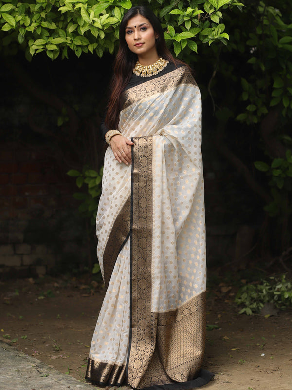 Banarasee Faux Georgette Saree With Zari Work & Contrast Border-White & Black