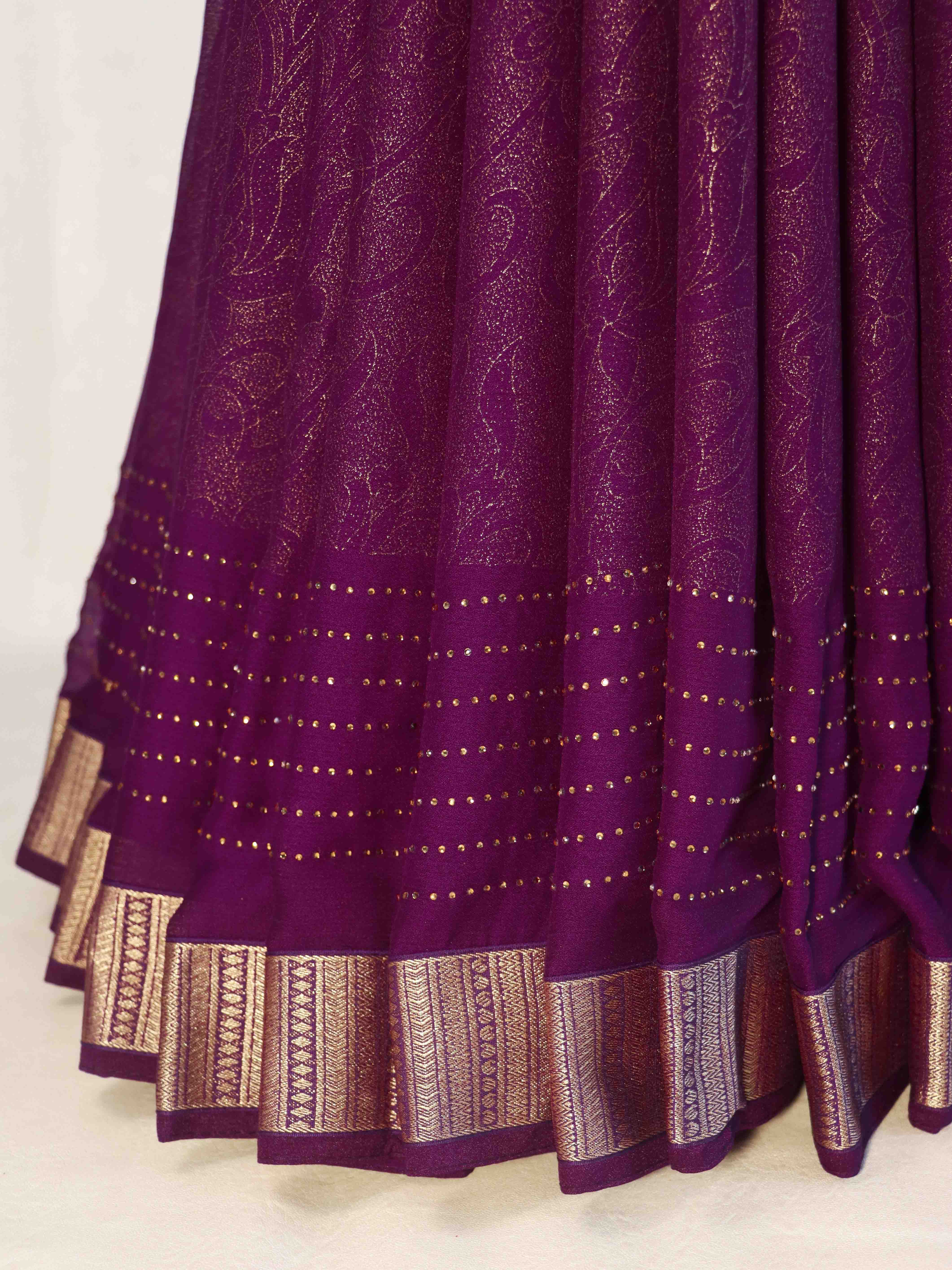Banarasee Chiffon Floral Print Saree With Gold Zari Border-Purple