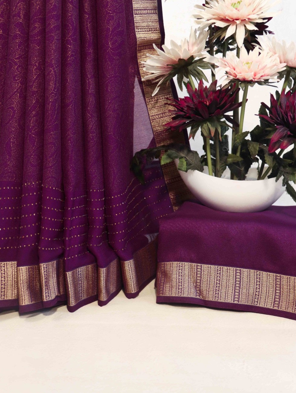 Banarasee Chiffon Floral Print Saree With Gold Zari Border-Purple