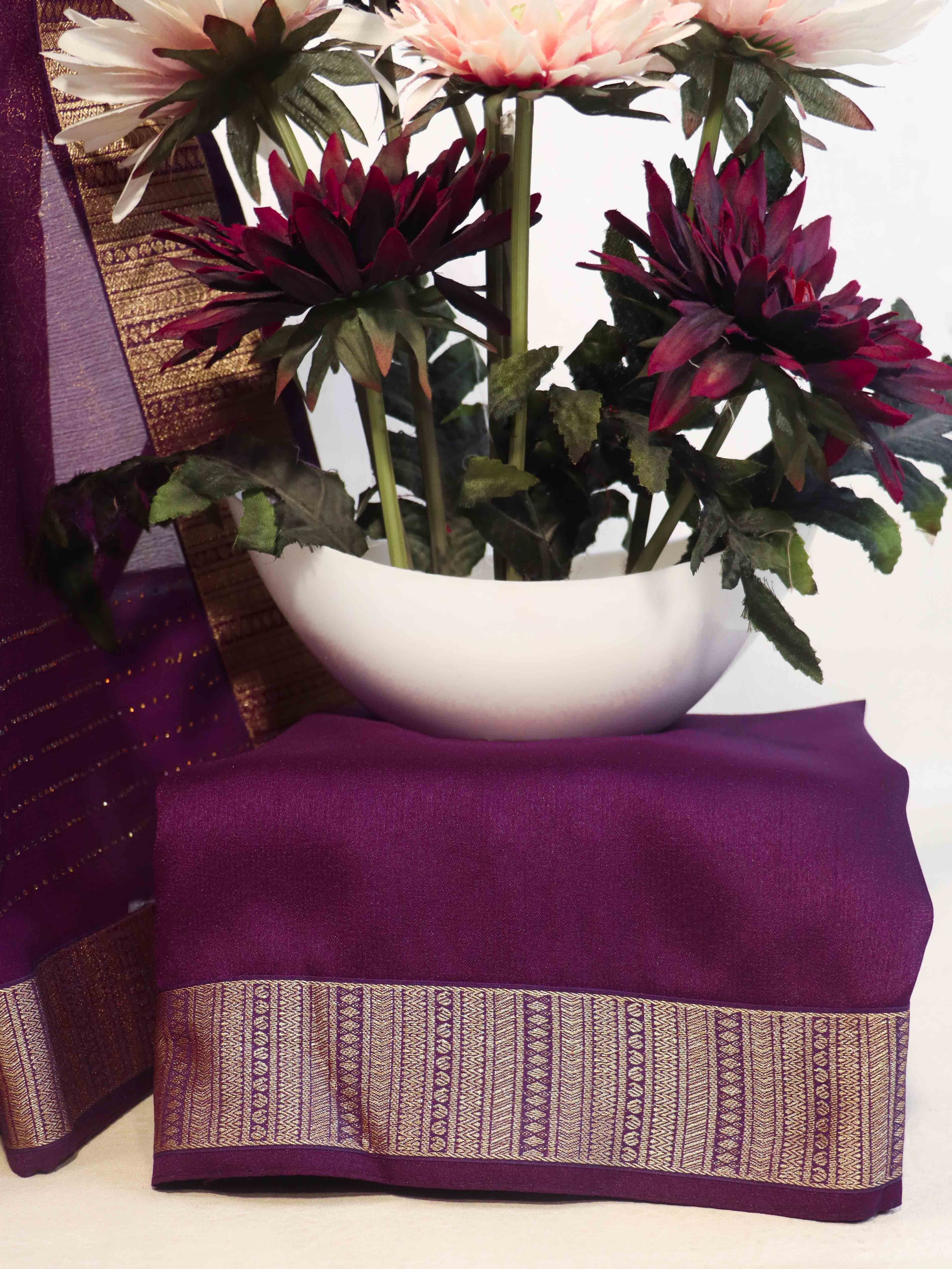 Banarasee Chiffon Floral Print Saree With Gold Zari Border-Purple