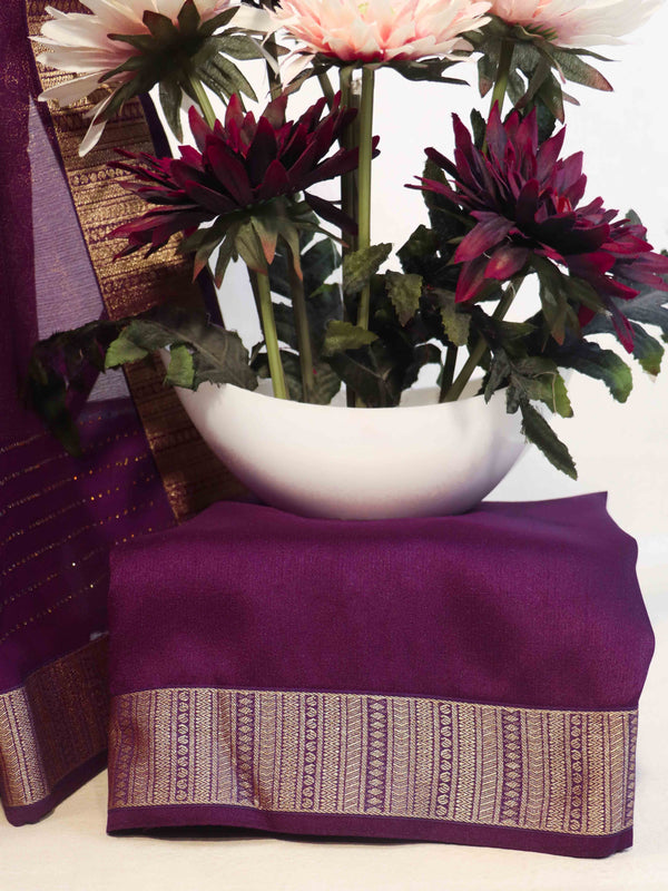Banarasee Chiffon Floral Print Saree With Gold Zari Border-Purple