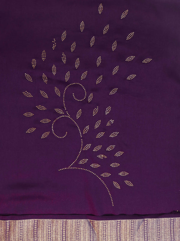 Banarasee Chiffon Floral Print Saree With Gold Zari Border-Purple