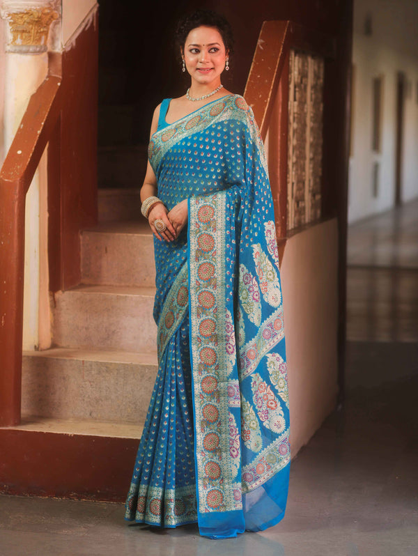 Banarasee Pure Chiffon Saree With Resham Buti & Border-Light Blue