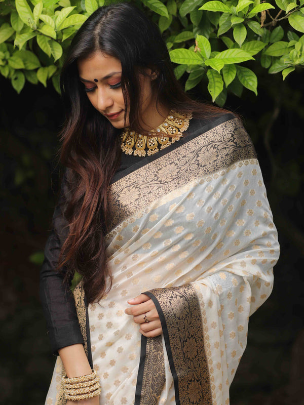 Banarasee Faux Georgette Saree With Zari Work & Contrast Border-White & Black