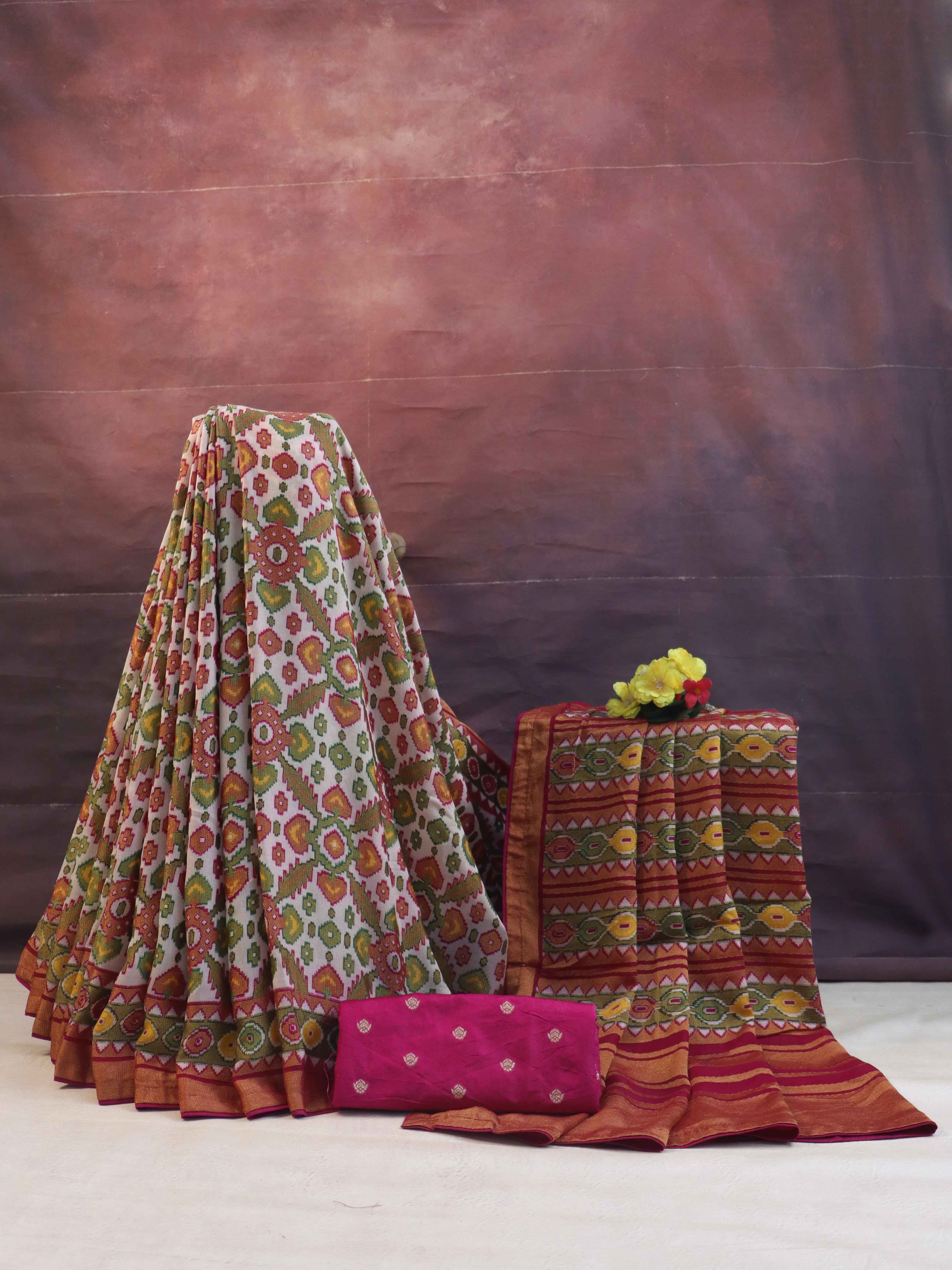 Banarasee Multicolor Chiffon Saree With Geometric Prints & Zari Border-Multicolor