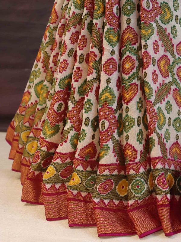 Banarasee Multicolor Chiffon Saree With Geometric Prints & Zari Border-Multicolor