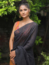 Bhagalpur Handloom Pure Linen Cotton Metallic Pallu Saree-Black