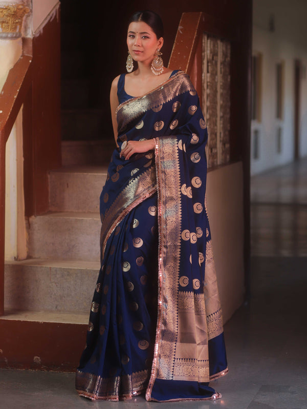 Banarasee Handwoven Semi Silk Saree With Zari Buta & Border-Blue