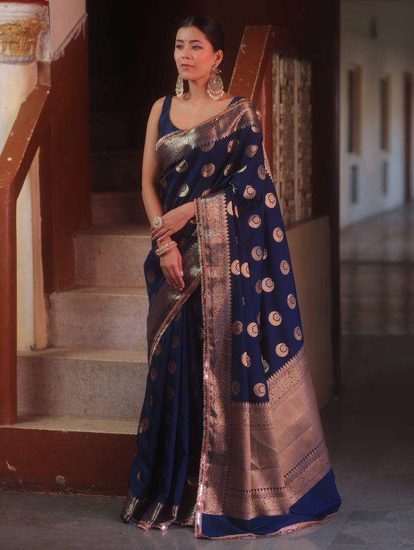 Banarasee Handwoven Semi Silk Saree With Zari Buta & Border-Blue