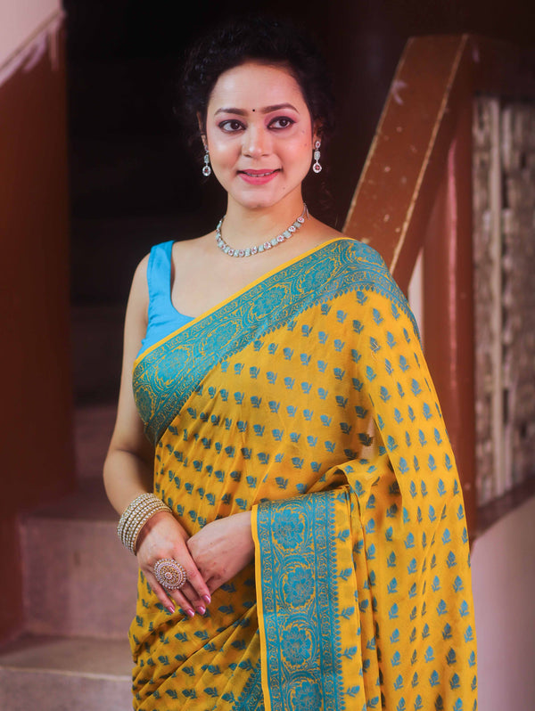 Banarasee Pure Chiffon Saree With Resham Buti Design & Border-Yellow