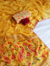 Banarasee Handloom Chiffon Saree With Hand Brush Paints & Floral Prints-Yellow