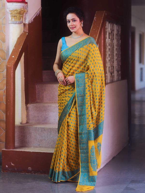 Banarasee Pure Chiffon Saree With Resham Buti Design & Border-Yellow