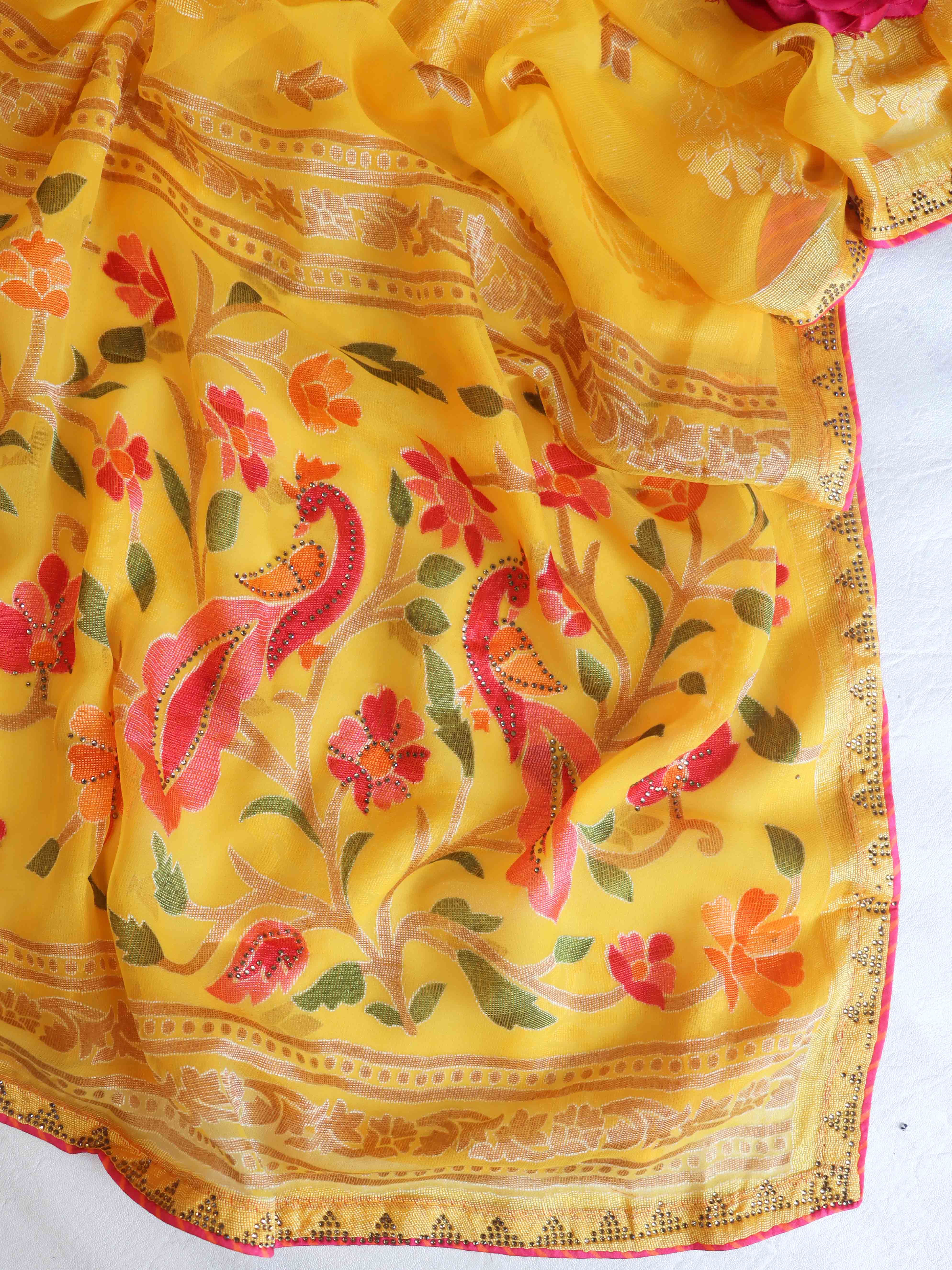 Banarasee Handloom Chiffon Saree With Hand Brush Paints & Floral Prints-Yellow