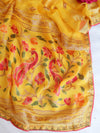 Banarasee Handloom Chiffon Saree With Hand Brush Paints & Floral Prints-Yellow