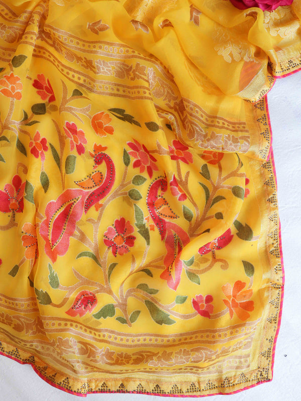 Banarasee Handloom Chiffon Saree With Hand Brush Paints & Floral Prints-Yellow