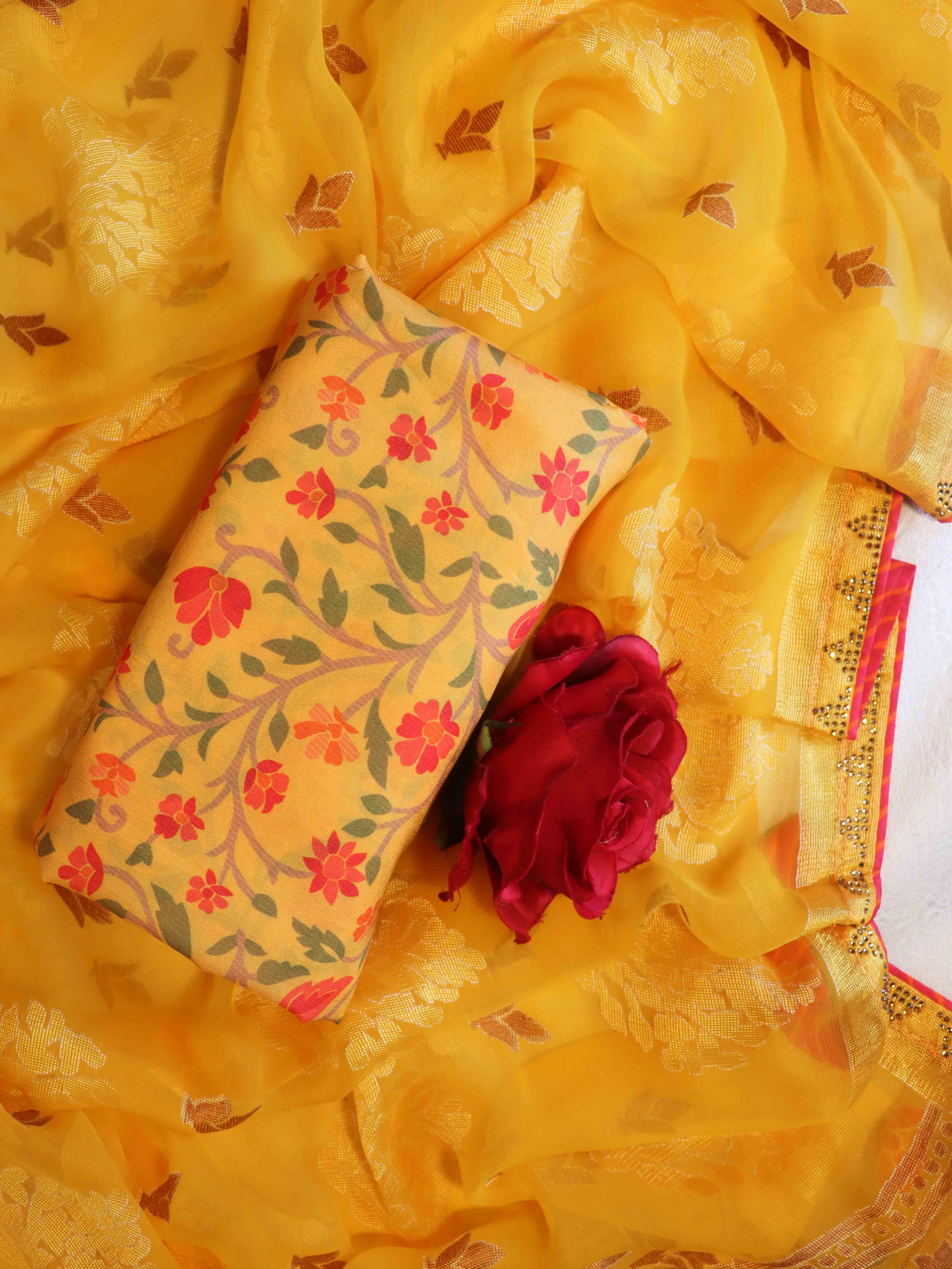Banarasee Handloom Chiffon Saree With Hand Brush Paints & Floral Prints-Yellow