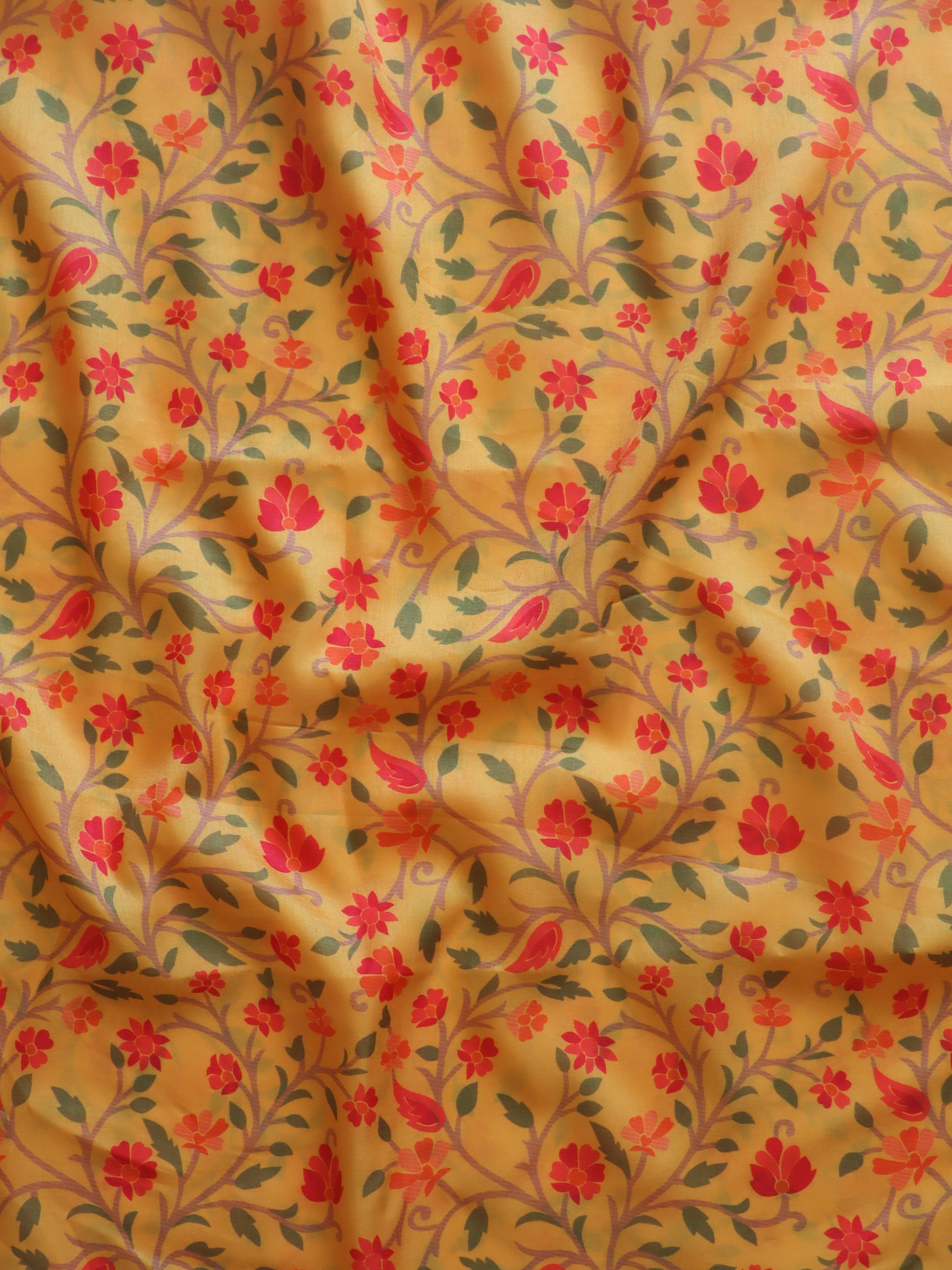 Banarasee Handloom Chiffon Saree With Hand Brush Paints & Floral Prints-Yellow