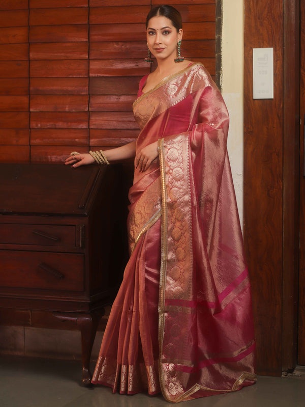 Banarasee Handwoven Plain Crushed Tissue Saree With Zari Border & Lace-Pink