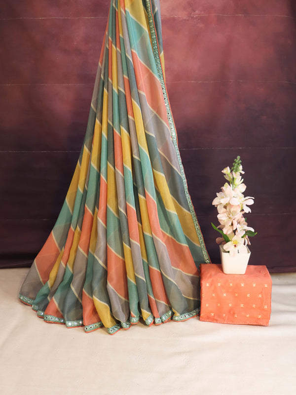 Banarasee Multicolor Chiffon Saree With Leheriya Design & Mirror Work Border-Multicolor